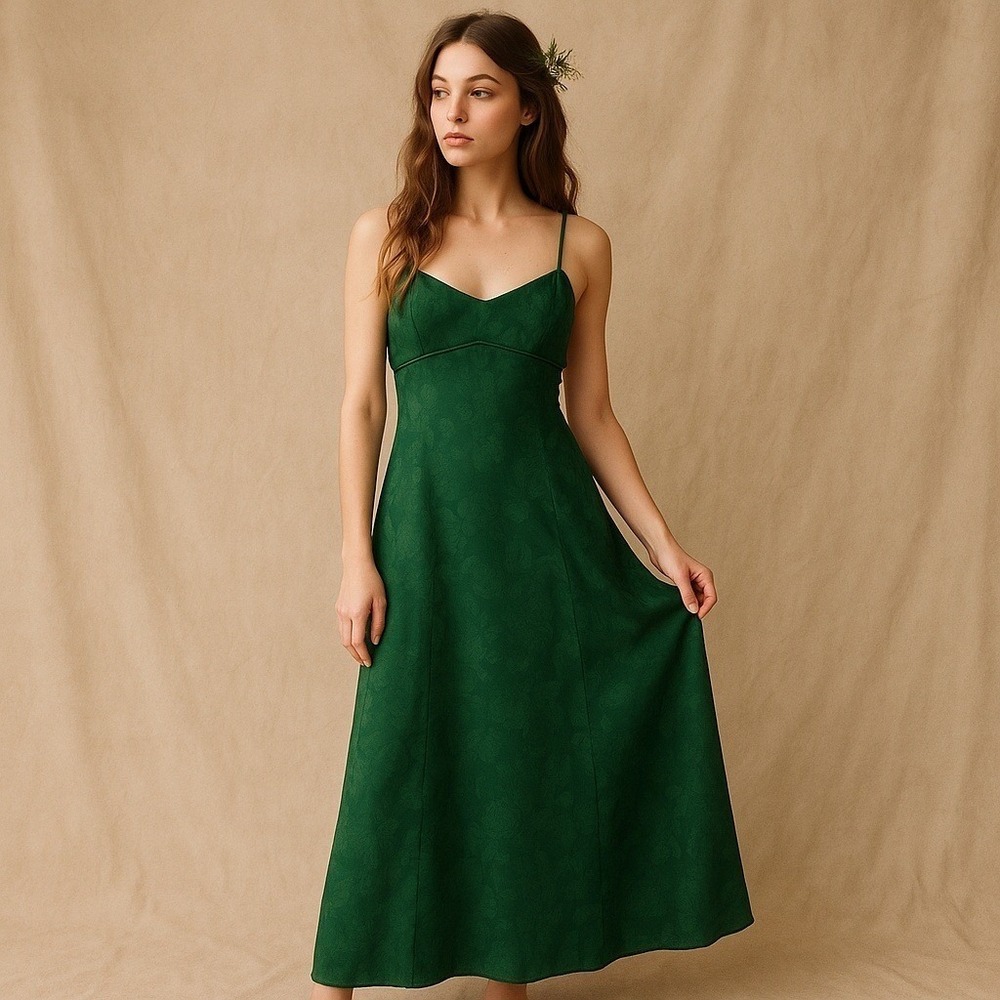 WAYF Green Floral Jacquard Satin Slip Maxi Dress Large Forest Fairy Regency